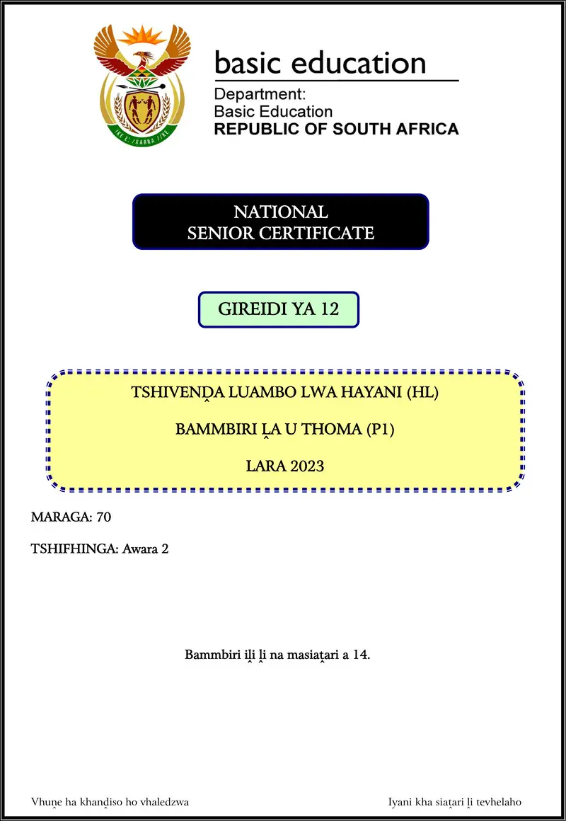 Grade 12 Tshivenda past paper 2023 – tshivenda hl p1 nov 2023 gr12