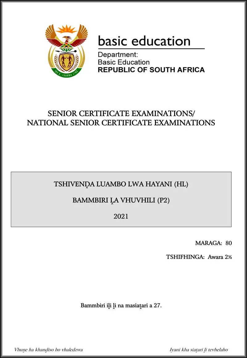Grade 12 Tshivenda past paper 2021 – tshivenda hl p2 may june 2021 gr12