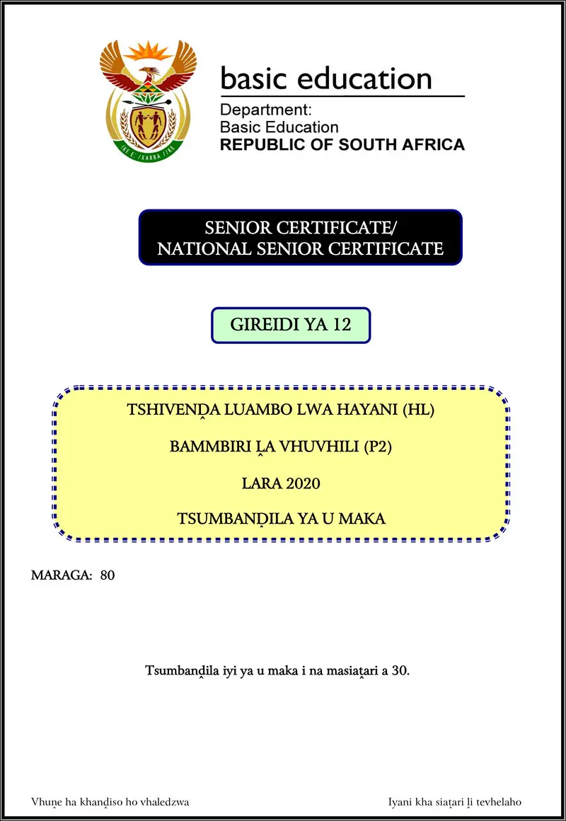 Grade 12 Tshivenda past paper 2020 – tshivenda hl p2 nov 2020 memo gr12