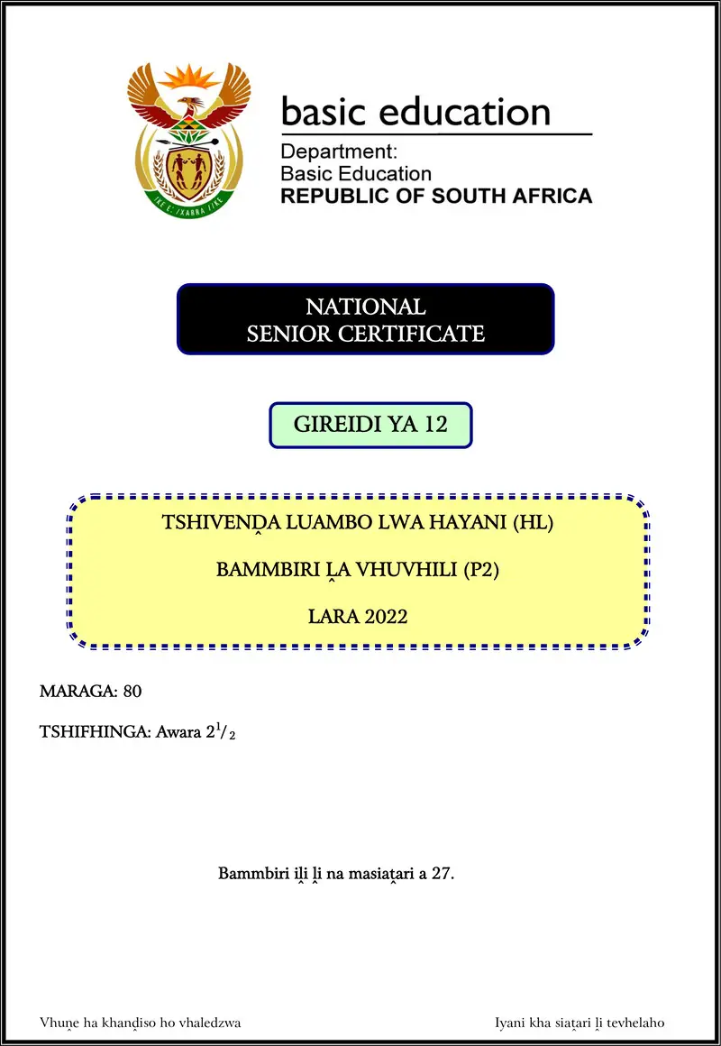 Grade 12 Tshivenda past paper 2022 – tshivenda hl p2 nov 2022 gr12