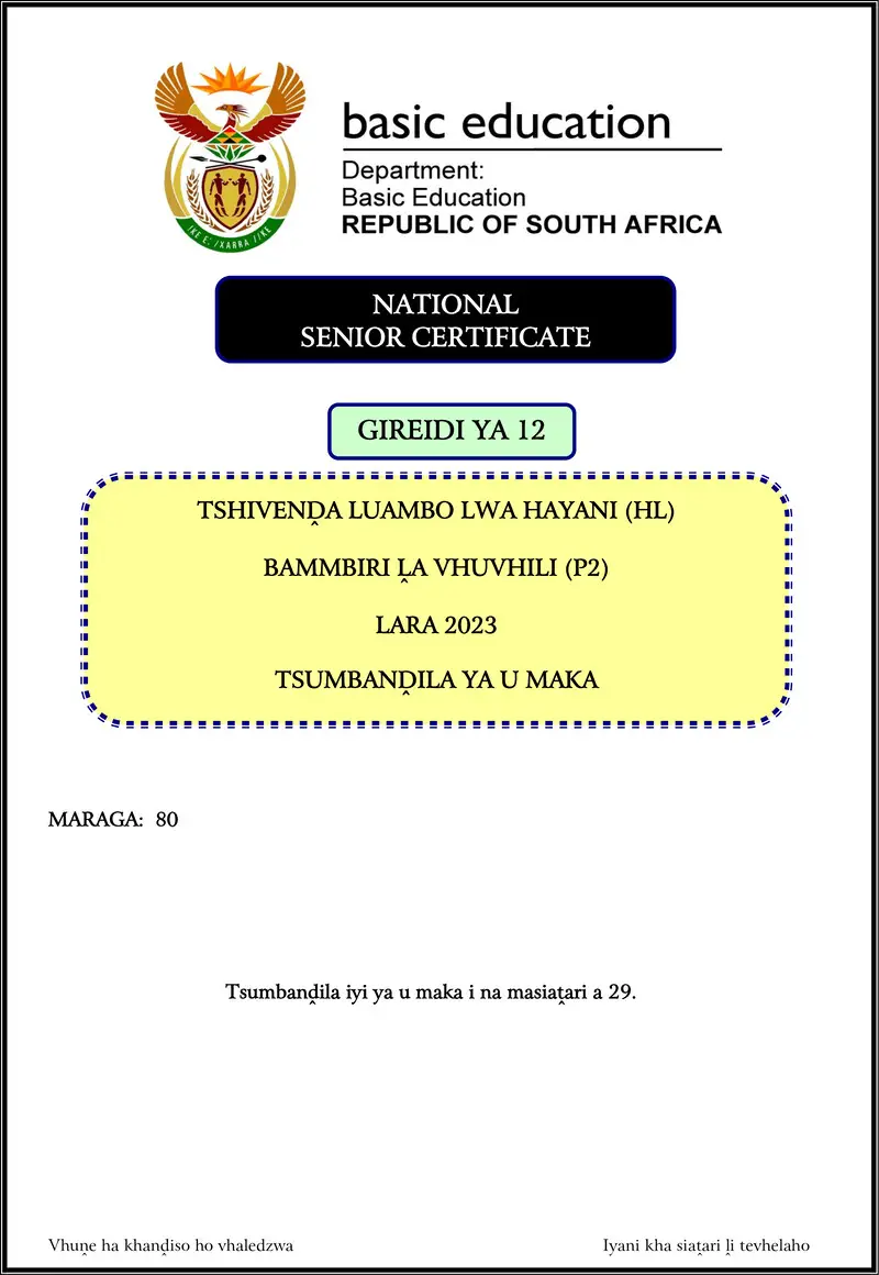 Grade 12 Tshivenda past paper 2023 – tshivenda hl p2 nov 2023 mg gr12