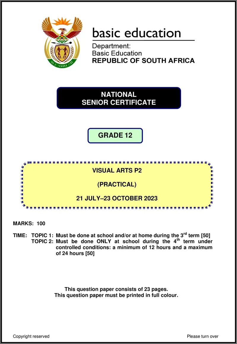 Grade 12 Visual Arts past paper 2023 – visual arts p2 nov 2023 eng gr12