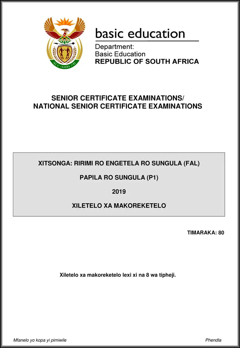 Grade 12 Xitsonga past paper 2019 – xitsonga fal p1 may june 2019 memo gr12