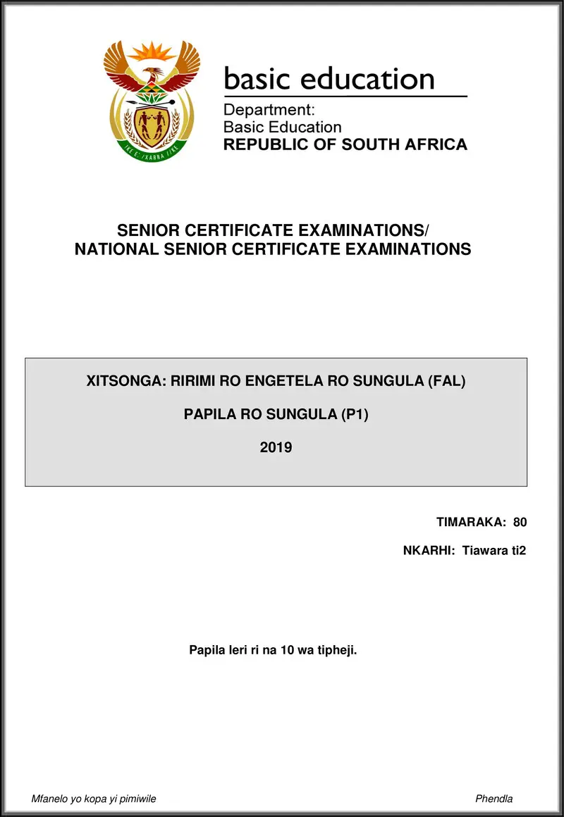 Grade 12 Xitsonga past paper 2019 – xitsonga fal p1 may june 2019 gr12