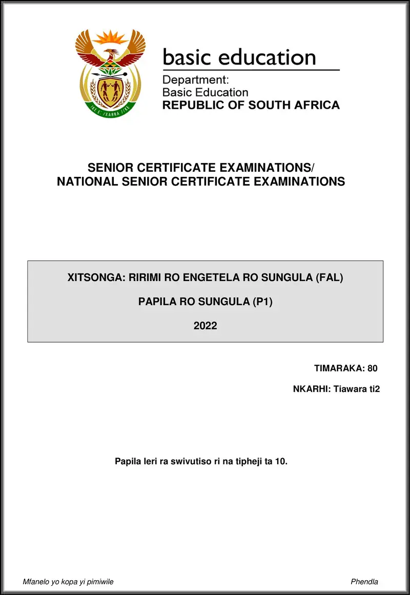 Grade 12 Xitsonga past paper 2022 – xitsonga fal p1 may june 2022 gr12