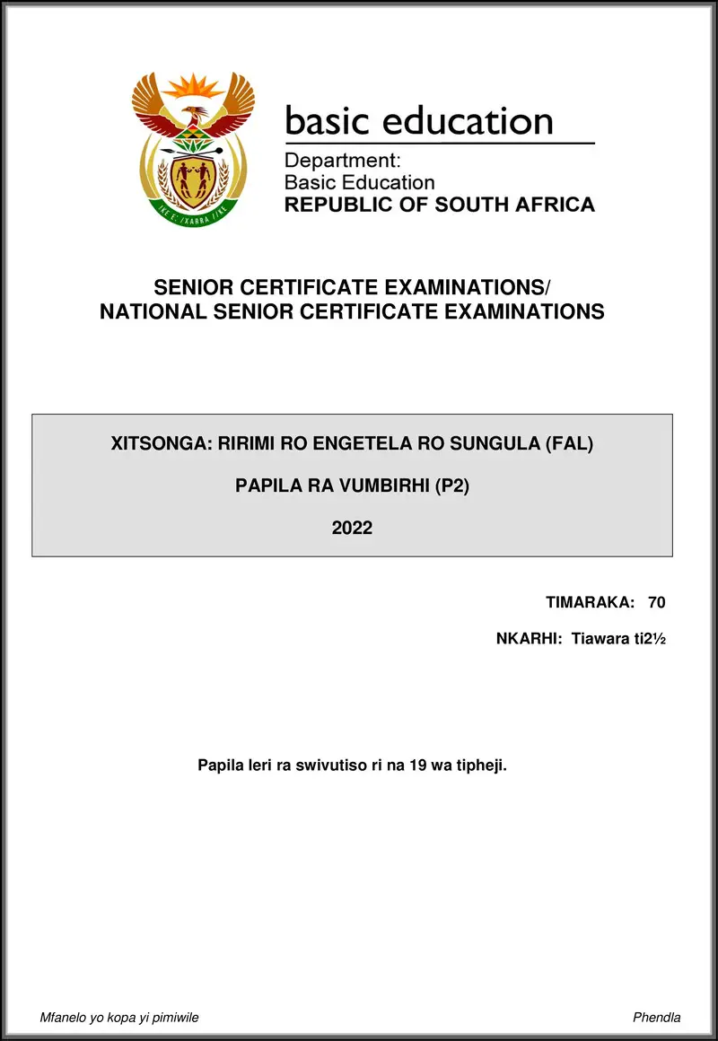 Grade 12 Xitsonga past paper 2022 – xitsonga fal p2 may june 2022 gr12