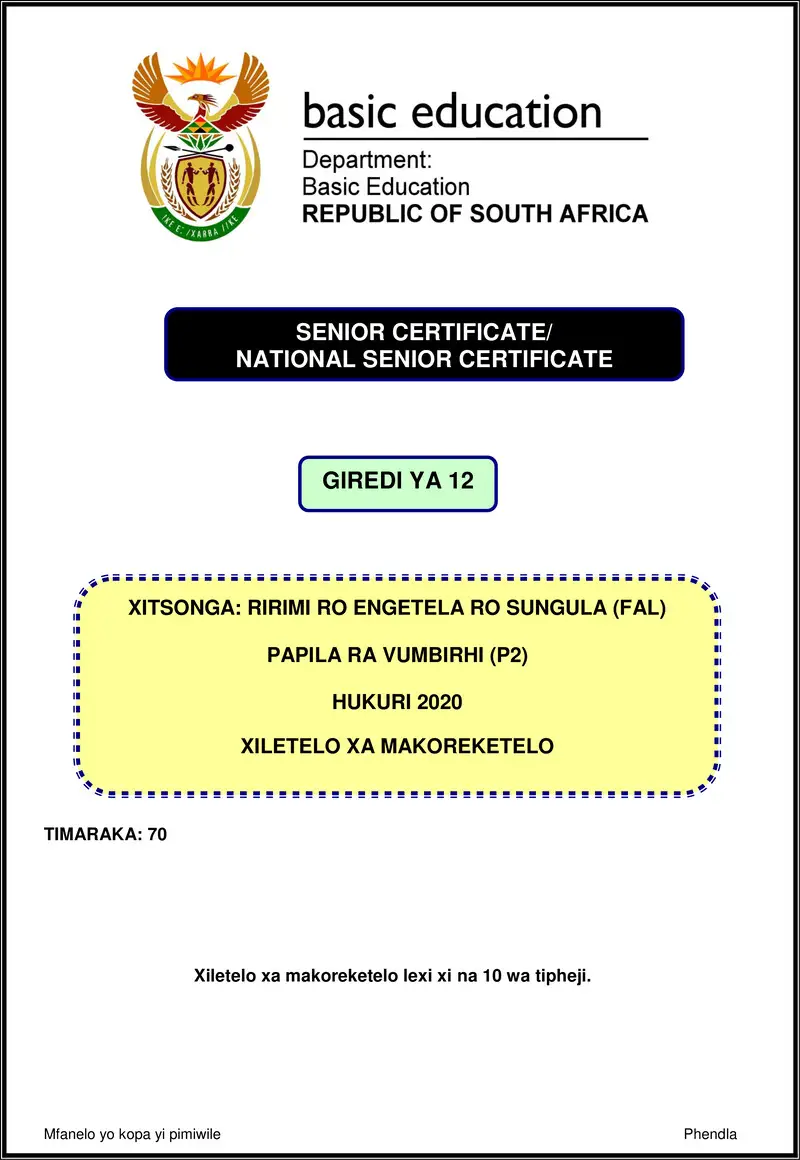 Grade 12 Xitsonga past paper 2020 – xitsonga fal p2 nov 2020 memo gr12