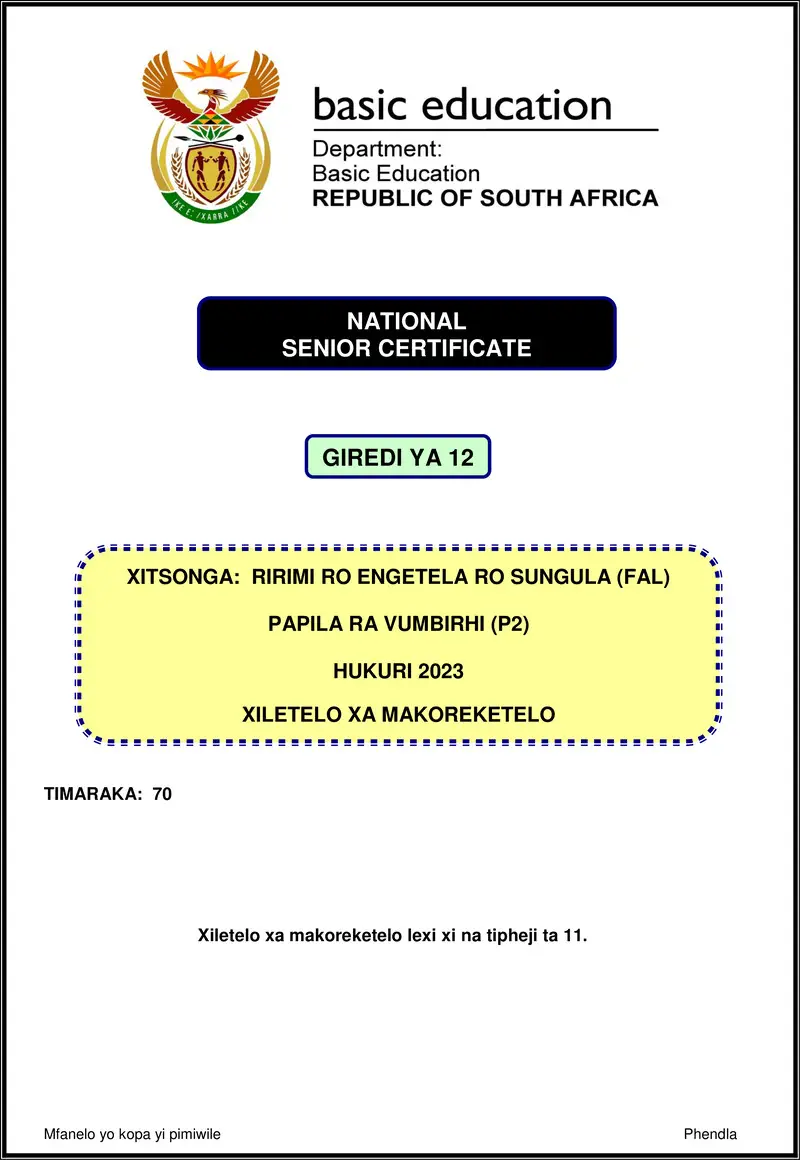 Grade 12 Xitsonga past paper 2023 – xitsonga fal p2 nov 2023 mg gr12