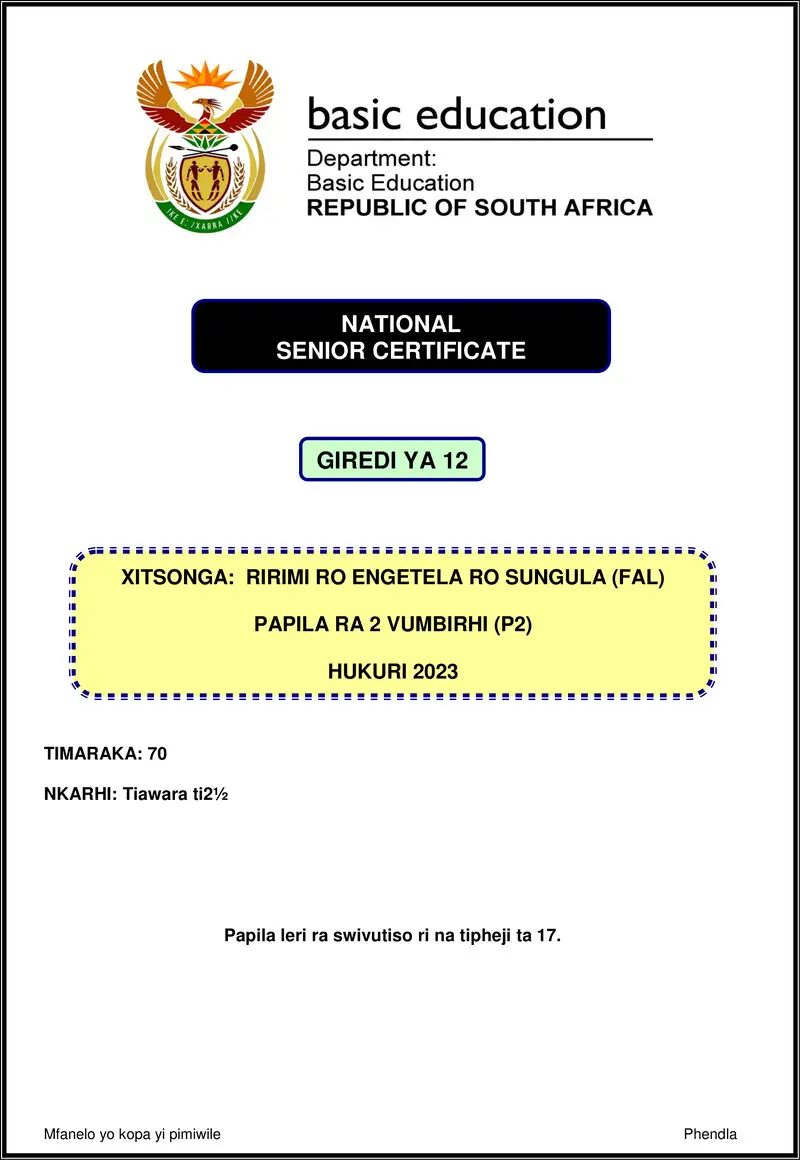 Grade 12 Xitsonga past paper 2023 – xitsonga fal p2 nov 2023 gr12