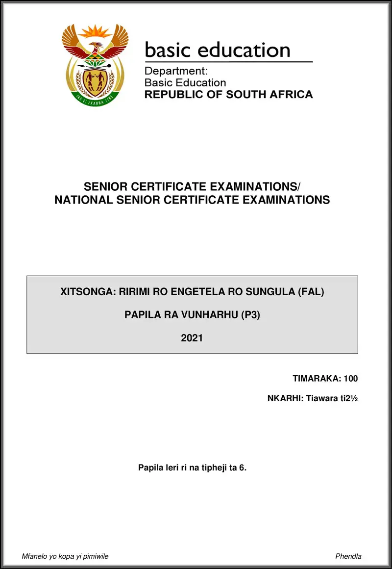 Grade 12 Xitsonga past paper 2021 – xitsonga fal p3 may june 2021 gr12