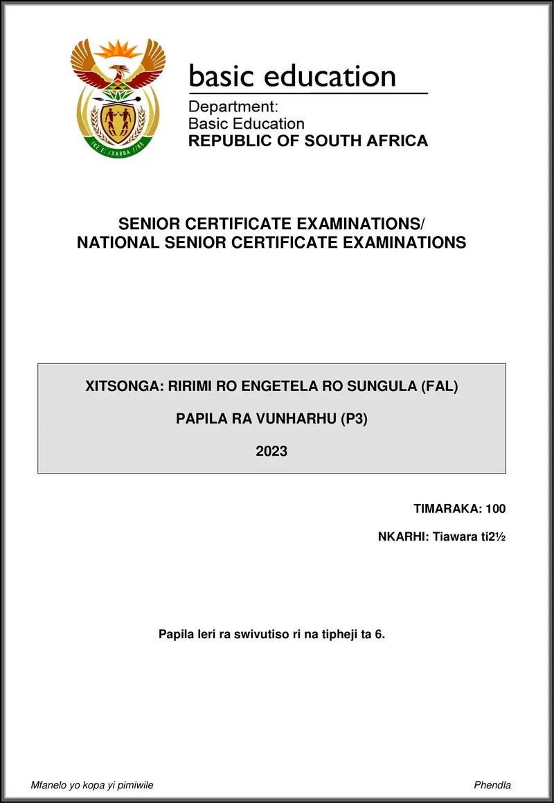 Grade 12 Xitsonga past paper 2023 – xitsonga fal p3 may june 2023 gr12