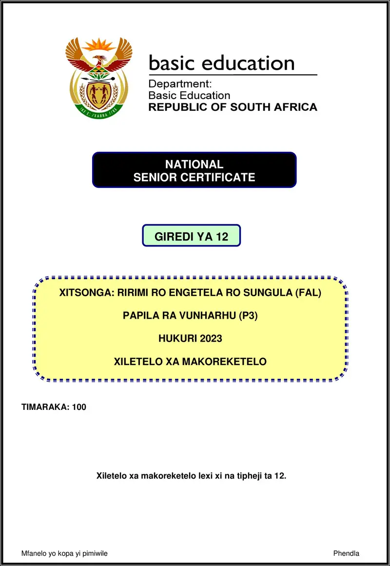Grade 12 Xitsonga past paper 2023 – xitsonga fal p3 nov 2023 mg gr12