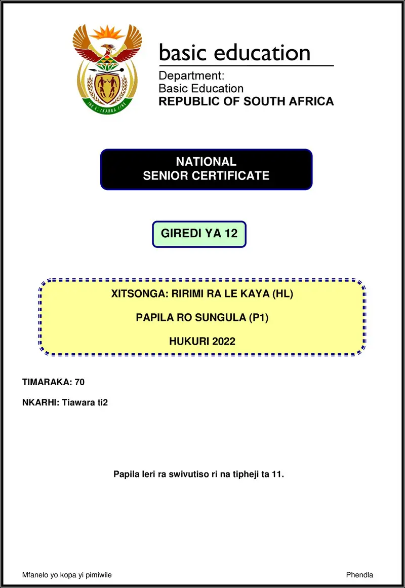 Grade 12 Xitsonga past paper 2022 – xitsonga hl p1 nov 2022 gr12
