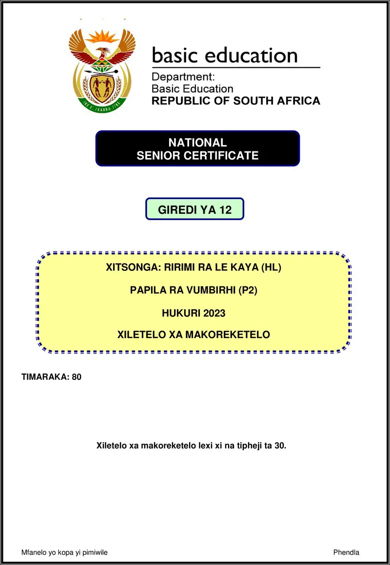 Grade 12 Xitsonga past paper 2023 – xitsonga hl p2 nov 2023 mg gr12