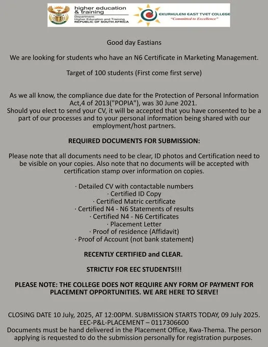 Placement Opportunity for EEC Students with N6 Certificate in Marketing Management