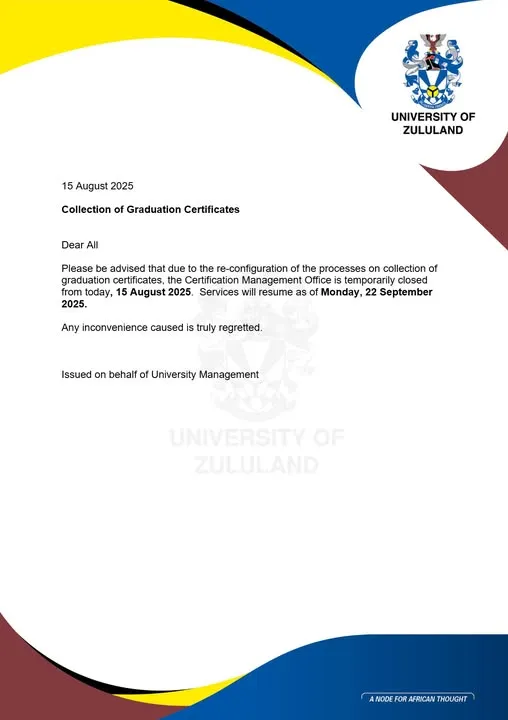 University of Zululand – Temporary Closure of Certification Management Office