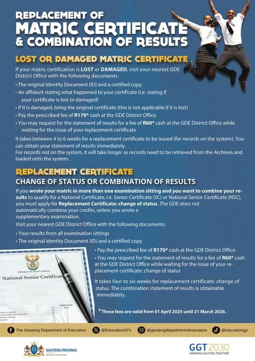 Replacement of Matric Certificates and Combination of Results – Gauteng Department of Education