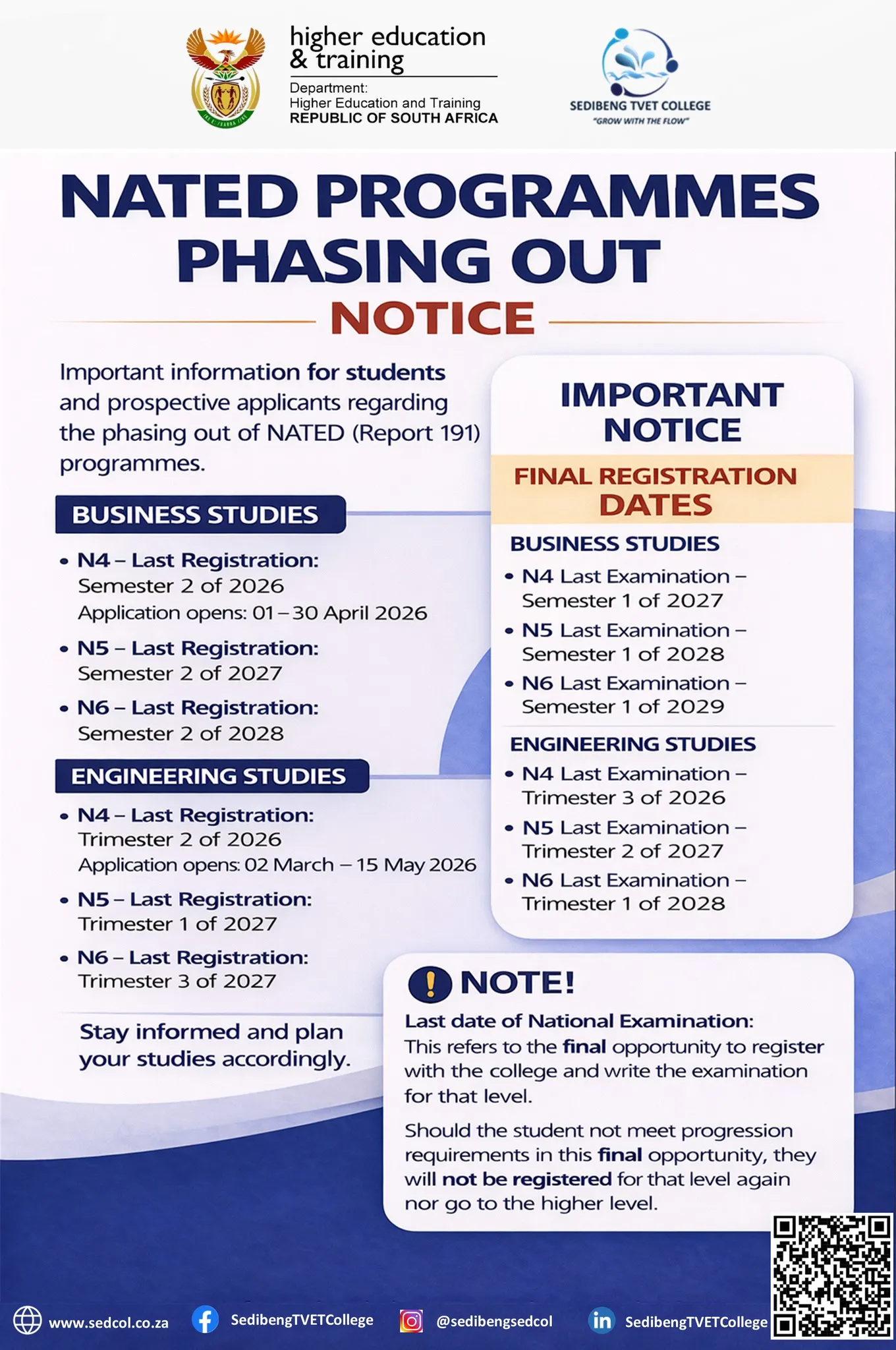 Important Notice: Phasing Out of NATED (Report 191) Programmes at Sedibeng TVET College
