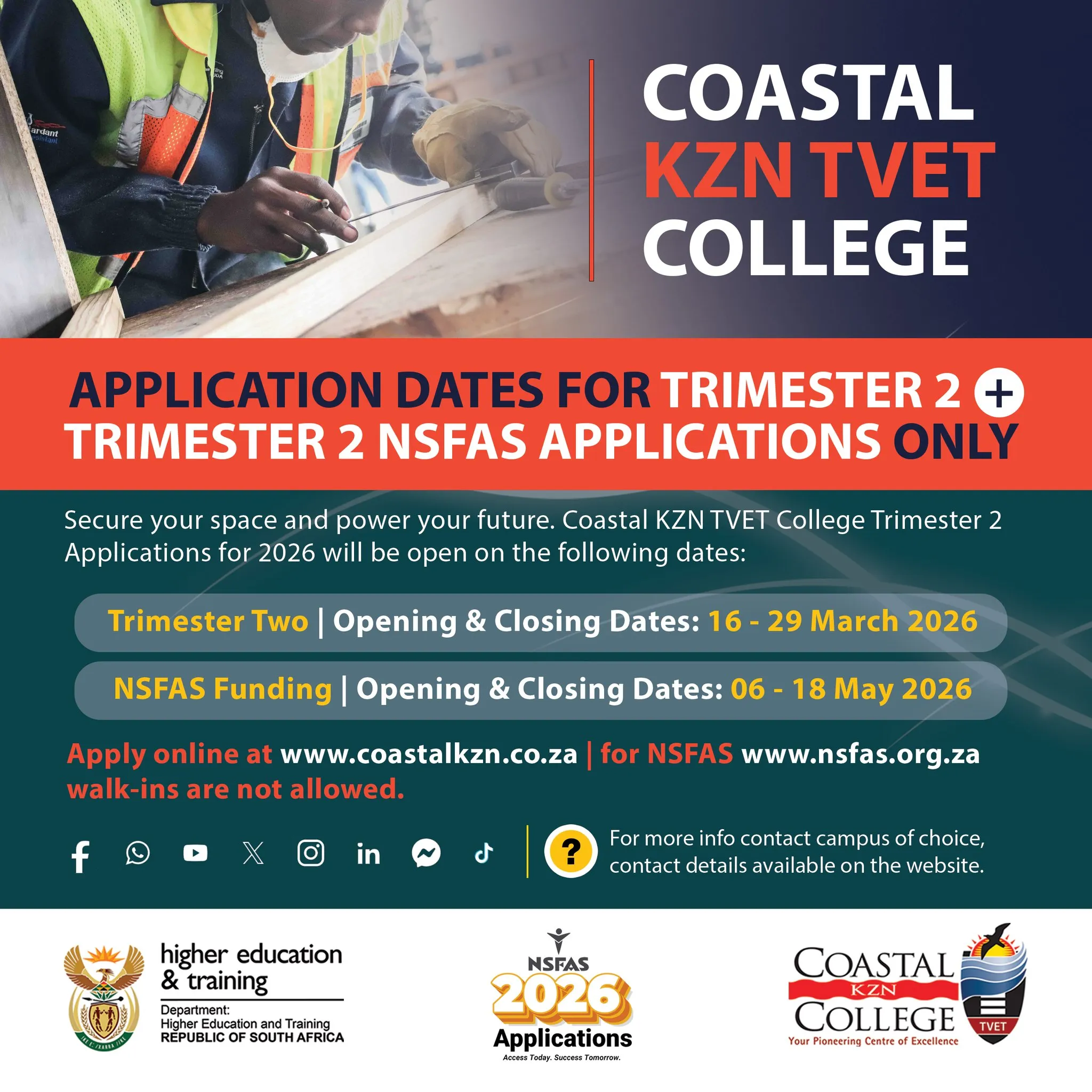 Coastal KZN TVET College: 2026 Trimester 2 Application Window