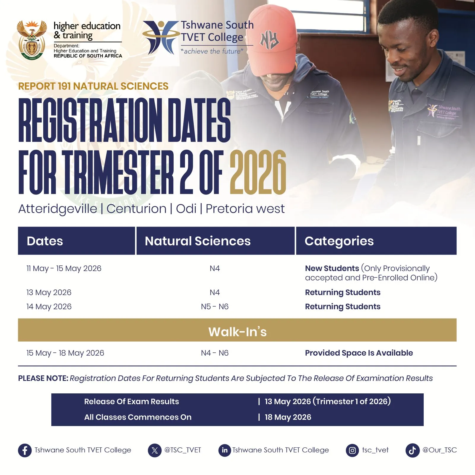 Tshwane South TVET College Registration Notice (Trimester 2 – 2026)