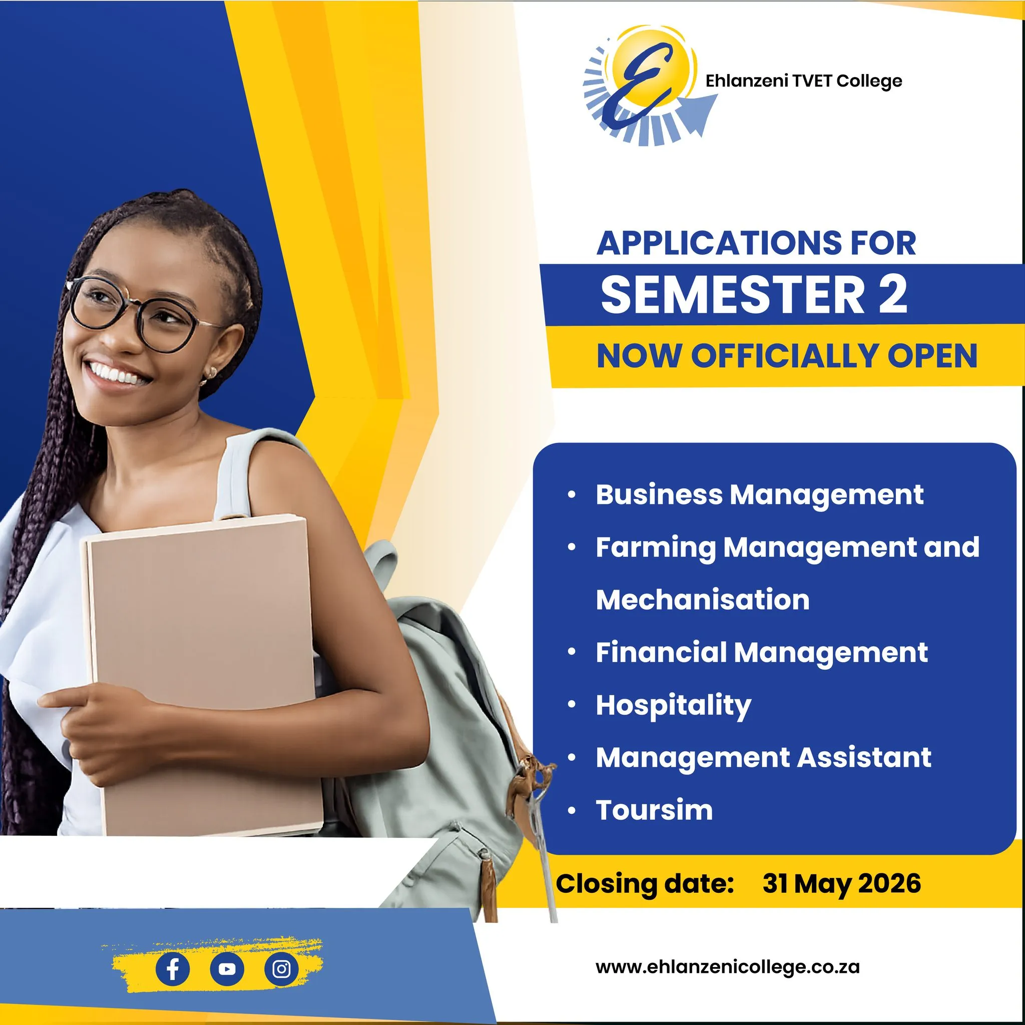 Semester 2 Applications for 2026 Open at Ehlanzeni TVET College